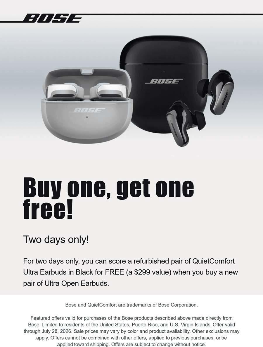 Bose stores Coupon  Second $300 pair of ultra earbuds free at Bose #bose 