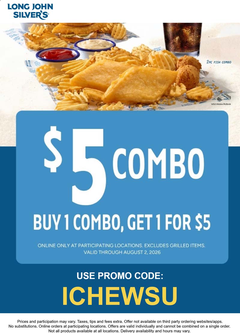 Long John Silvers restaurants Coupon  Second combo meal for $5 at Long John Silvers via promo code ICHEWSU #longjohnsilvers 