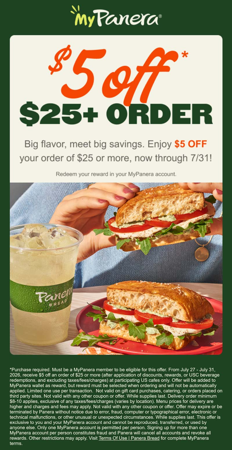 Panera restaurants Coupon  $5 off $25 via login at Panera Bread restaurants #panera 