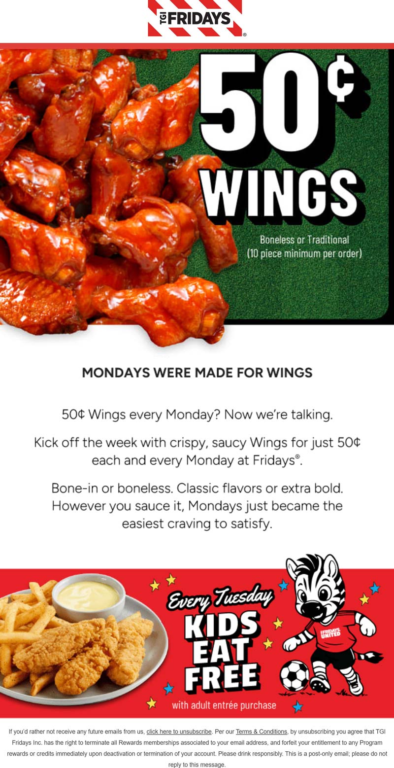 TGI Fridays restaurants Coupon  .50 cent chicken wings today at TGI Fridays #tgifridays 