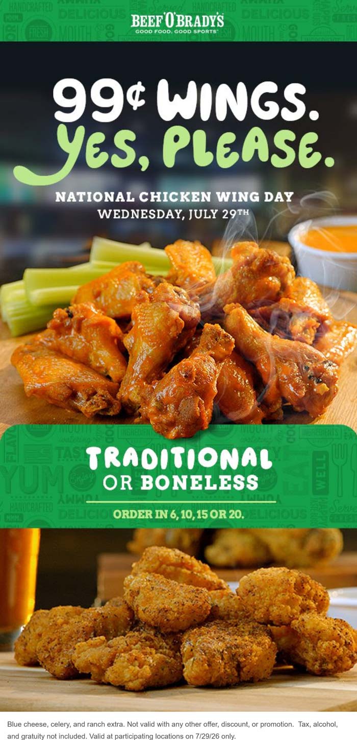 Beef OBradys .99 cent chicken wings today at Beef OBradys #beefobradys Beef OBradys restaurants Coupon .99 cent chicken wings today at Beef OBradys #beefobradys