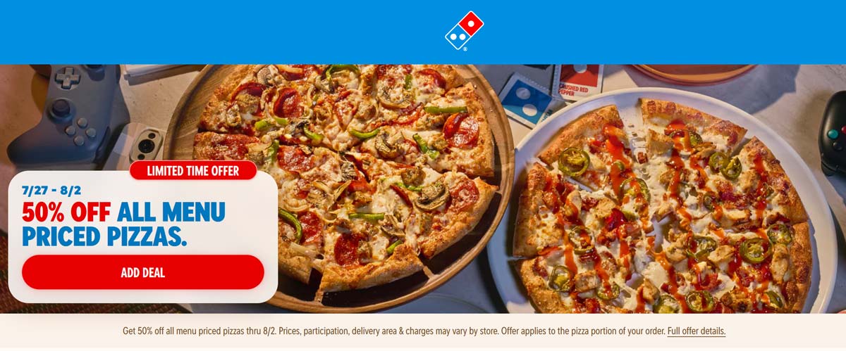 Dominos restaurants Coupon  50% off all pizzas at Dominos #dominos 