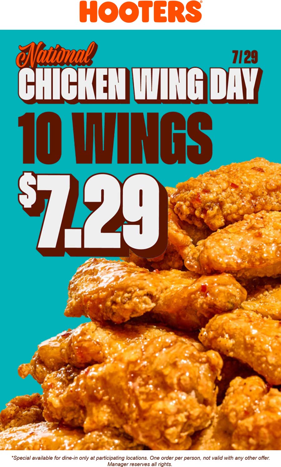 Hooters restaurants Coupon  10 chicken wings = $7.29 today at Hooters #hooters 