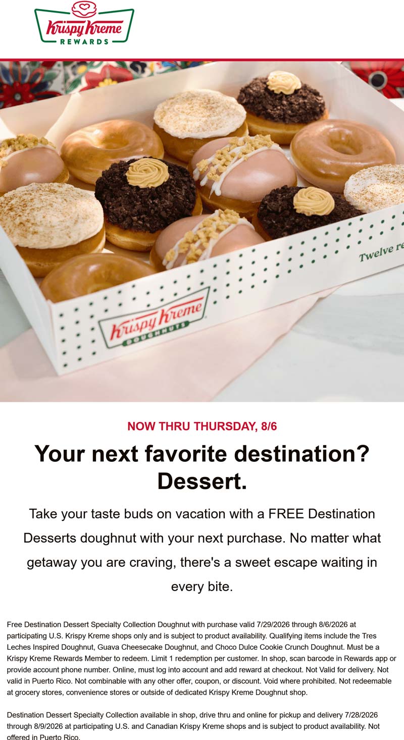 Krispy Kreme restaurants Coupon  Free dessert doughnut with your order via login at Krispy Kreme #krispykreme 