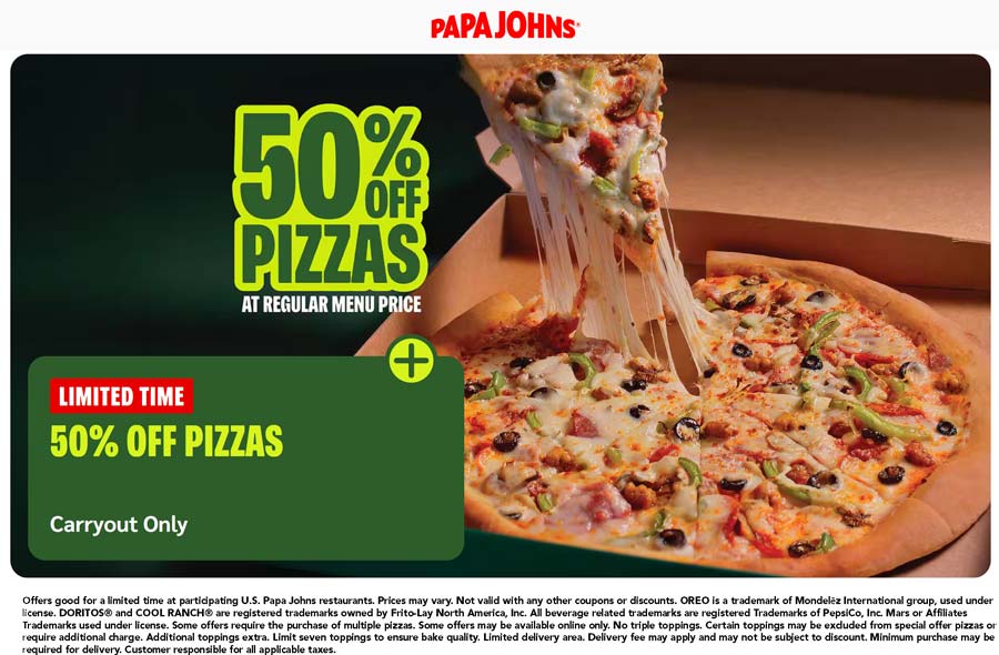 Papa Johns restaurants Coupon  50% off carryout pizza at Papa Johns #papajohns 
