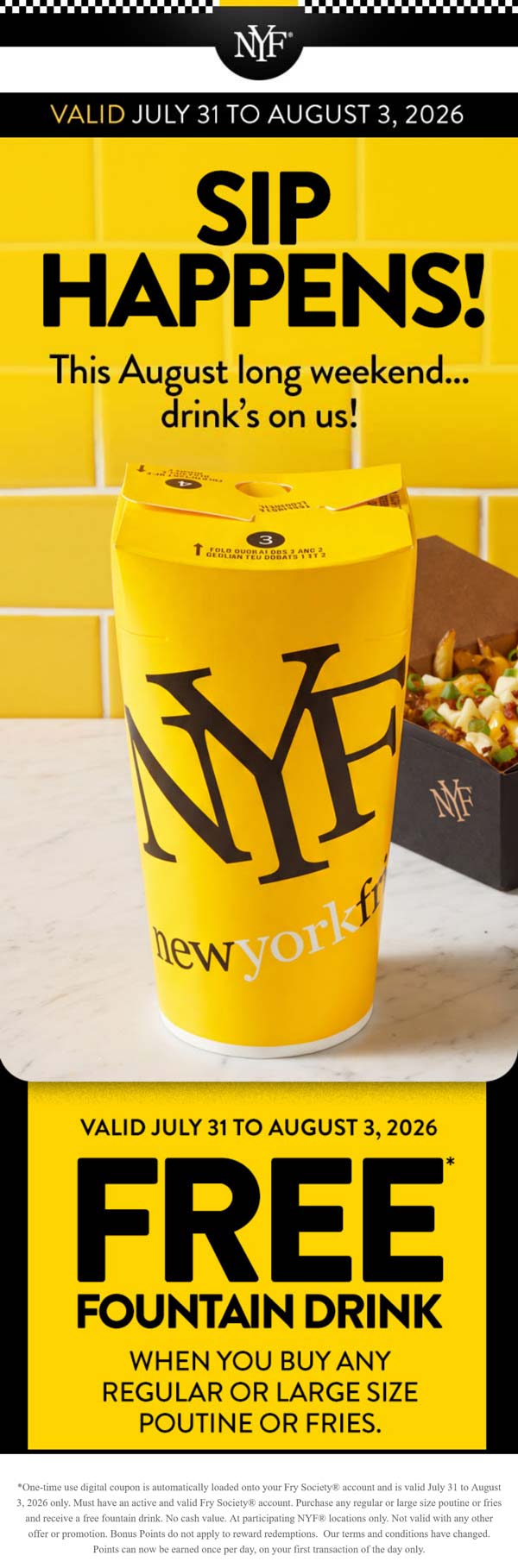 New York Fries restaurants Coupon  Free drink with your fries via login at New York Fries #newyorkfries 
