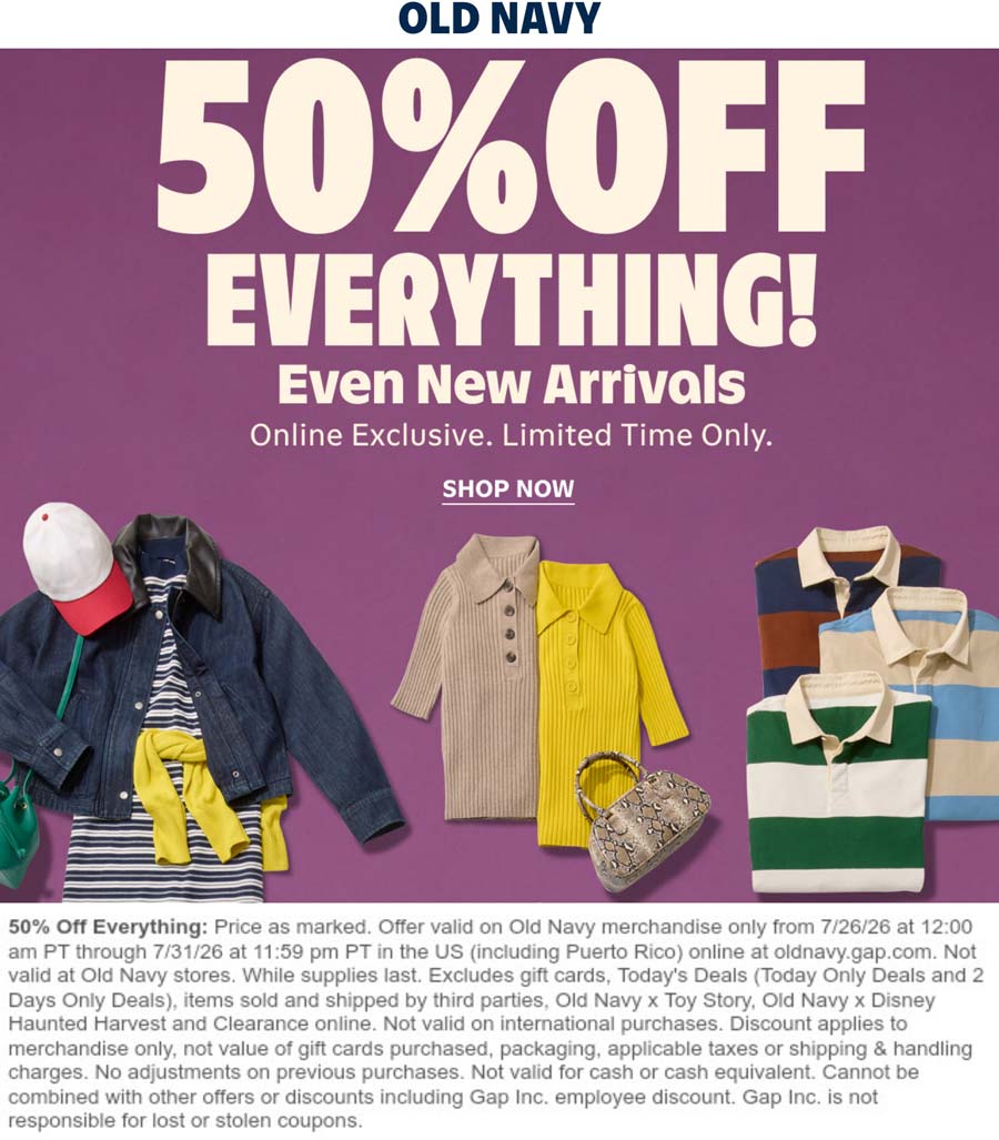 Old Navy stores Coupon  50% off everything today at Old Navy #oldnavy 