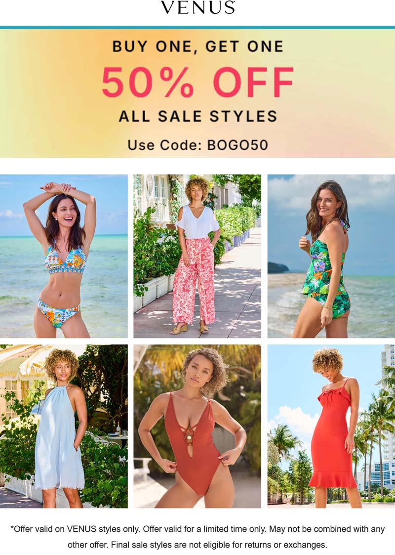 Venus stores Coupon  Second item 50% off at Venus via promo code BOGO50 #venus 