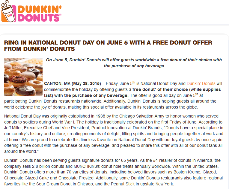 Dunkin Donuts Coupon April 2024 Free doughnut with your drink Friday at Dunkin Donuts