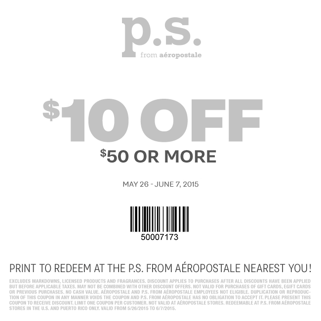 P.S. from Aeropostale Coupon April 2024 $10 off $50 at P.S. from Aeropostale