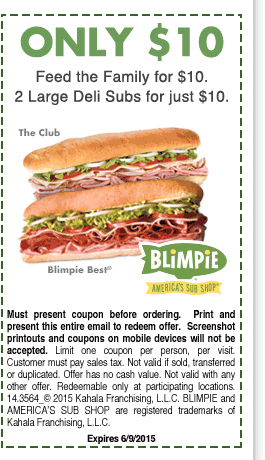 Blimpie Coupon April 2024 2 large deli subs $10 at Blimpie restaurants