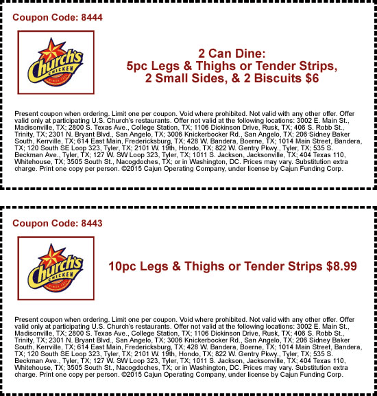 Churchs Chicken Coupon April 2024 5pc + 2 sides + 2 biscuits $6 & more at Churchs Chicken