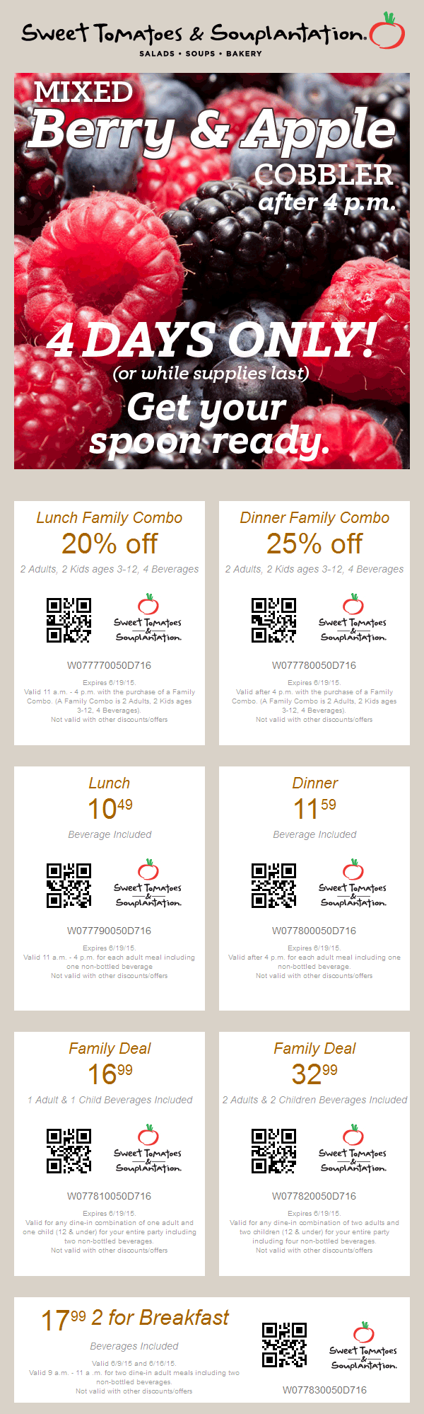 Sweet Tomatoes Coupon April 2024 20% off family lunch combo, 25% off dinner & more at Souplantation & Sweet Tomatoes