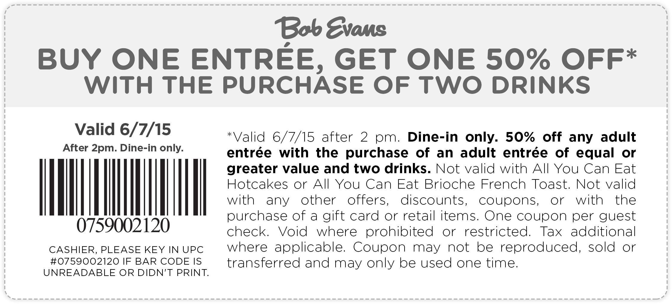 Bob Evans Coupon March 2024 Second entree 50% off today at Bob Evans