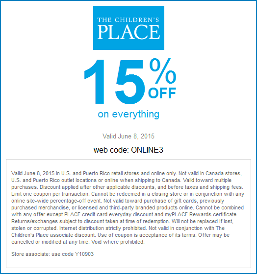 Childrens Place Coupon March 2024 15% off everything today at The Childrens Place, or online via promo code ONLINE3