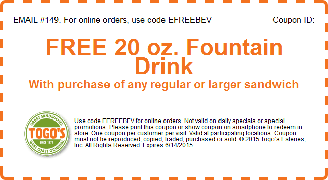 Togos Coupon May 2024 Free drink with your sandwich at Togos eateries, or online via promo code EFREEBEV