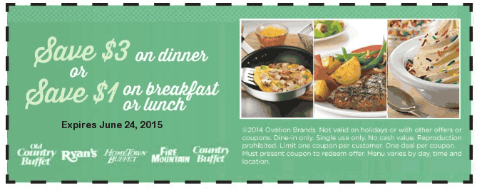Old Country Buffet Coupon April 2024 $1-$3 off at Old Country Buffet, Ryans, HomeTown Buffet, Fire Mountain & Country Buffet restaurants