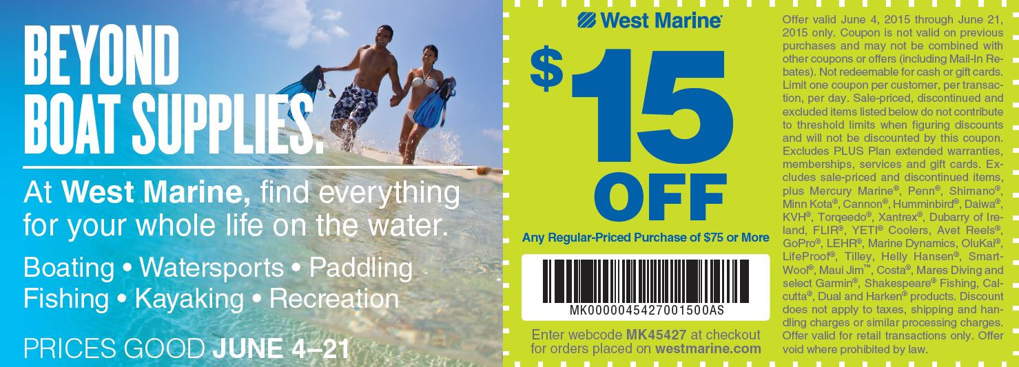West Marine Coupon March 2024 $15 off $75 at West Marine, or online via promo code MK45427