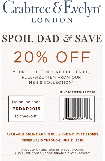 Crabtree & Evelyn Coupon April 2024 20% off a single mens item at Crabtree & Evelyn, or online via promo code PRDAD2015
