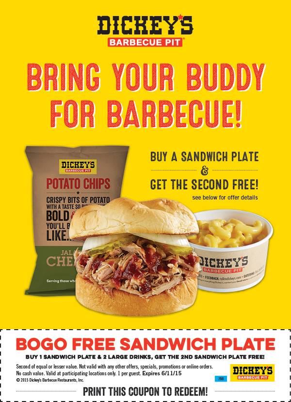 Dickeys Barbecue Pit Coupon April 2024 Second sandwich plate free today at Dickeys Barbecue Pit