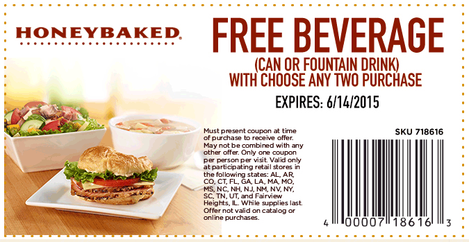 HoneyBaked Coupon April 2024 Free drink with your 2pc at HoneyBaked Ham