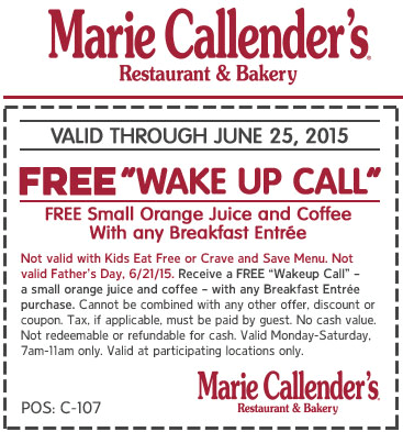 Marie Callenders Coupon April 2024 Free coffee & orange juice with your breakfast at Marie Callenders