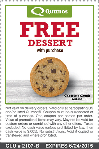 Quiznos Coupon April 2024 Free dessert with your order at Quiznos