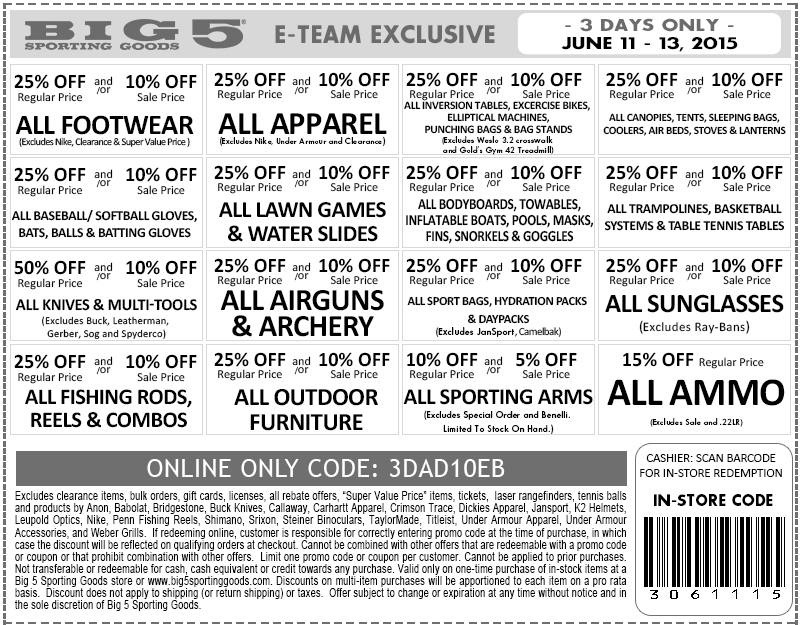 Big 5 Coupon March 2024 10-25% off at Big 5 sporting goods, or online via promo code 3DAD10EB