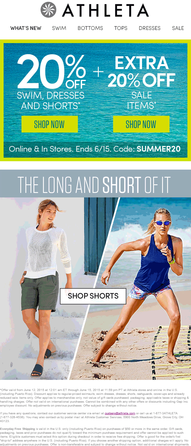 Athleta Coupon April 2024 Extra 20% off sale items & more at Athleta, or online via promo code SUMMER20