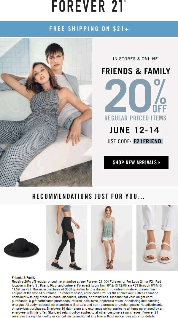 Forever 21 Coupon April 2024 20% off at Forever 21, or online via promo code F21FRIEND