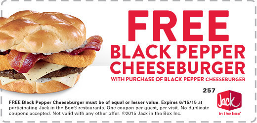 Jack in the Box Coupon May 2024 Second black pepper cheeseburger free at Jack in the Box