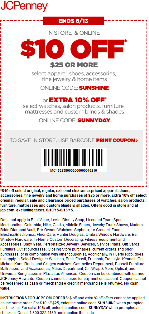 JCPenney Coupon April 2024 $10 off $25 today at JCPenney, or online via promo code SUNSHINE