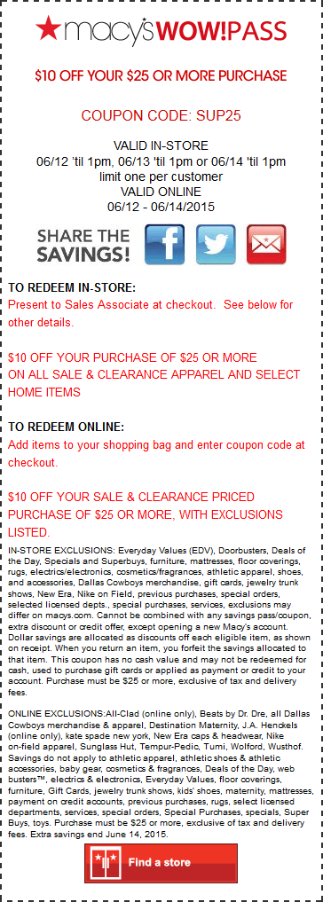 Macys Coupon April 2024 $10 off $25 til 1pm at Macys, or online via promo code SUP25