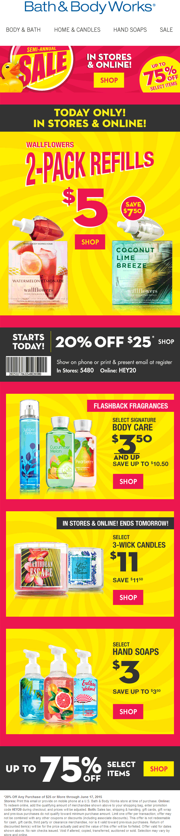 Bath & Body Works Coupon April 2024 20% off $25 at Bath & Body Works, or online via promo code HEY20