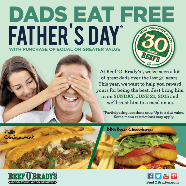 Beef OBradys Coupon April 2024 Dad eats free Fathers Day at Beef OBradys restaurants