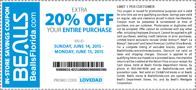Bealls Coupon April 2024 Extra 20% off everything today at Bealls, or online via promo code LOVEDAD