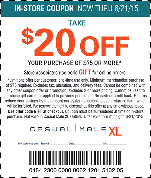 Casual Male XL Coupon April 2024 $25 off $75 at Casual Male XL, or online via promo code GIFT