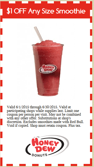 Honey Dew Donuts Coupon April 2024 Shave a buck off any smoothie at Honey Dew Donuts
