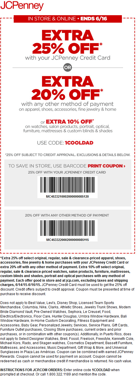 JCPenney Coupon April 2024 20% off at JCPenney, or online via promo code 1COOLDAD