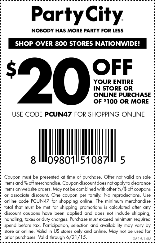 Party City Coupon April 2024 $20 off $100 at Party City, or online via promo code PCUN47