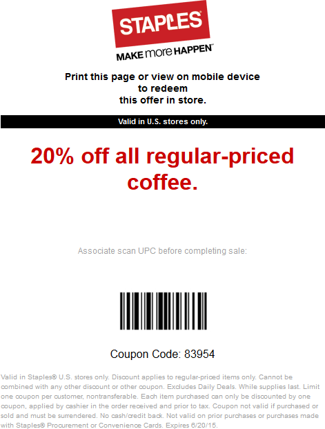 Staples Coupon April 2024 20% off coffee at Staples