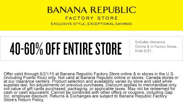 Banana Republic Factory Coupon April 2024 Extra 40-60% off everything at Banana Republic Factory, ditto online