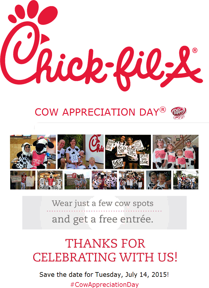 Chick-fil-A Coupon April 2024 Dress like a cow for a free entree the 14th at Chick-fil-A