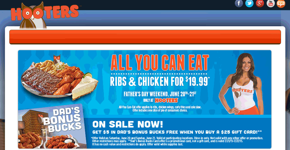 Hooters Coupon April 2024 $20 bottomless ribs & chicken all weekend at Hooters