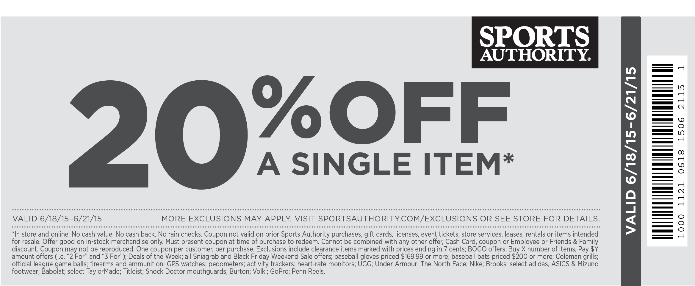 Sports Authority Coupon April 2024 20% off a single item at Sports Authority, ditto online
