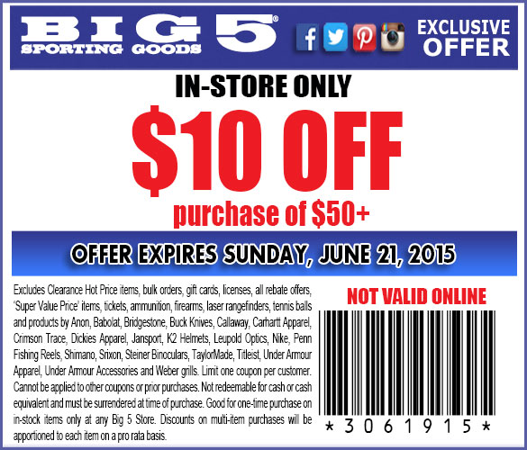 Big 5 Coupon March 2024 $10 off $50 today at Big 5 sporting goods