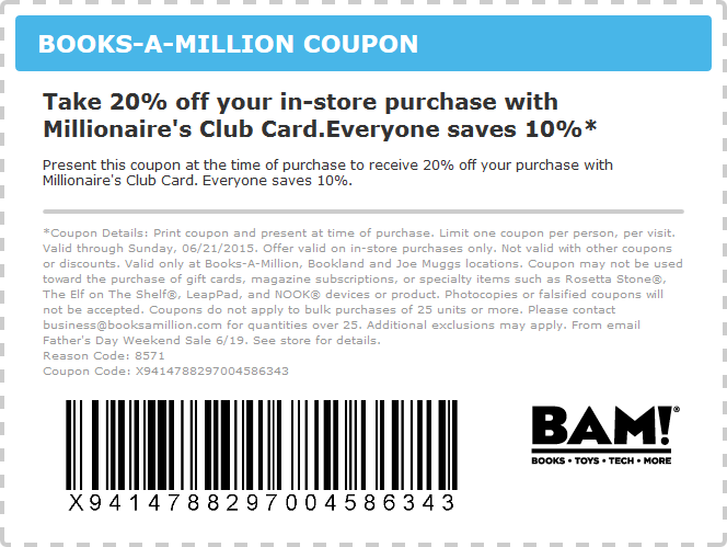 Books-A-Million Coupon April 2024 10-20% off today at Books-A-Million, or $5 off $35 online via promo codeTH4NKS