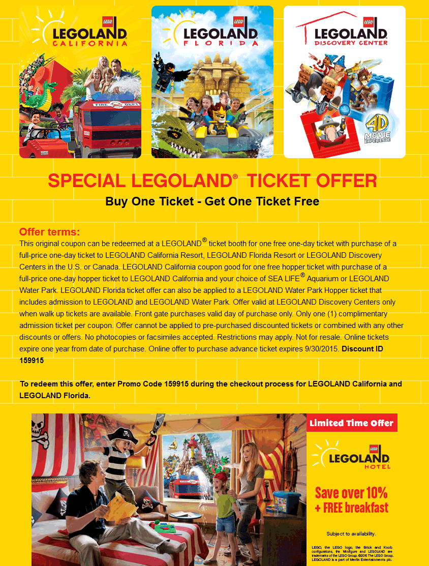 LEGOLAND Coupon April 2024 Second ticket free to Legoland, or online via promo code 159915