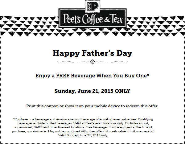 Peets Coffee & Tea Coupon April 2024 Second drink free today at Peets Coffee & Tea