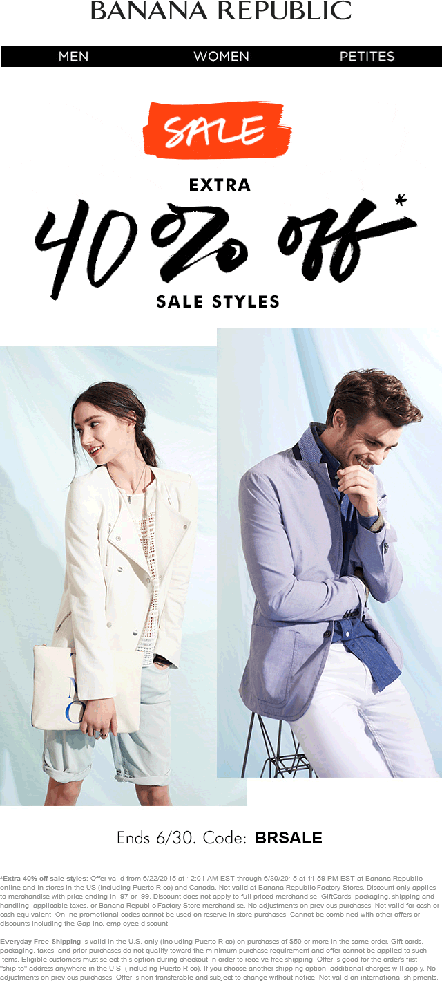 Banana Republic Coupon April 2024 Extra 40% off sale items at Banana Republic, or online via promo code BRSALE